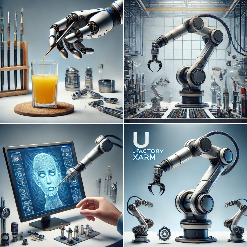 DALL·E 2025-03-01 21.40.48 - A collage of four high-quality images featuring the UFactory xArm robotic arm performing various tasks. The images should include__1. A robotic arm pr